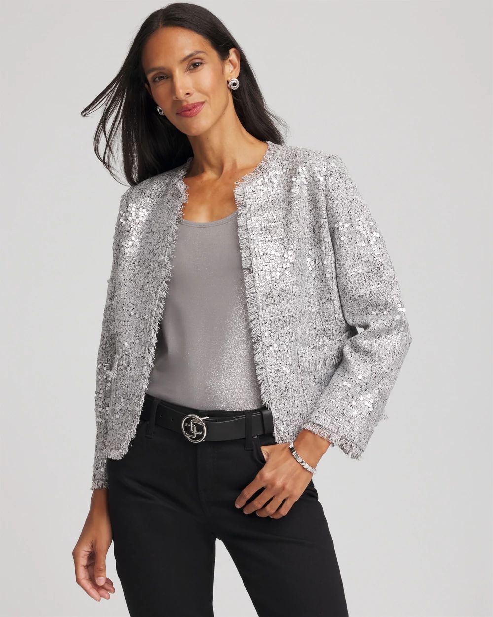 Silver Sequins Tweed Jacket Chico S